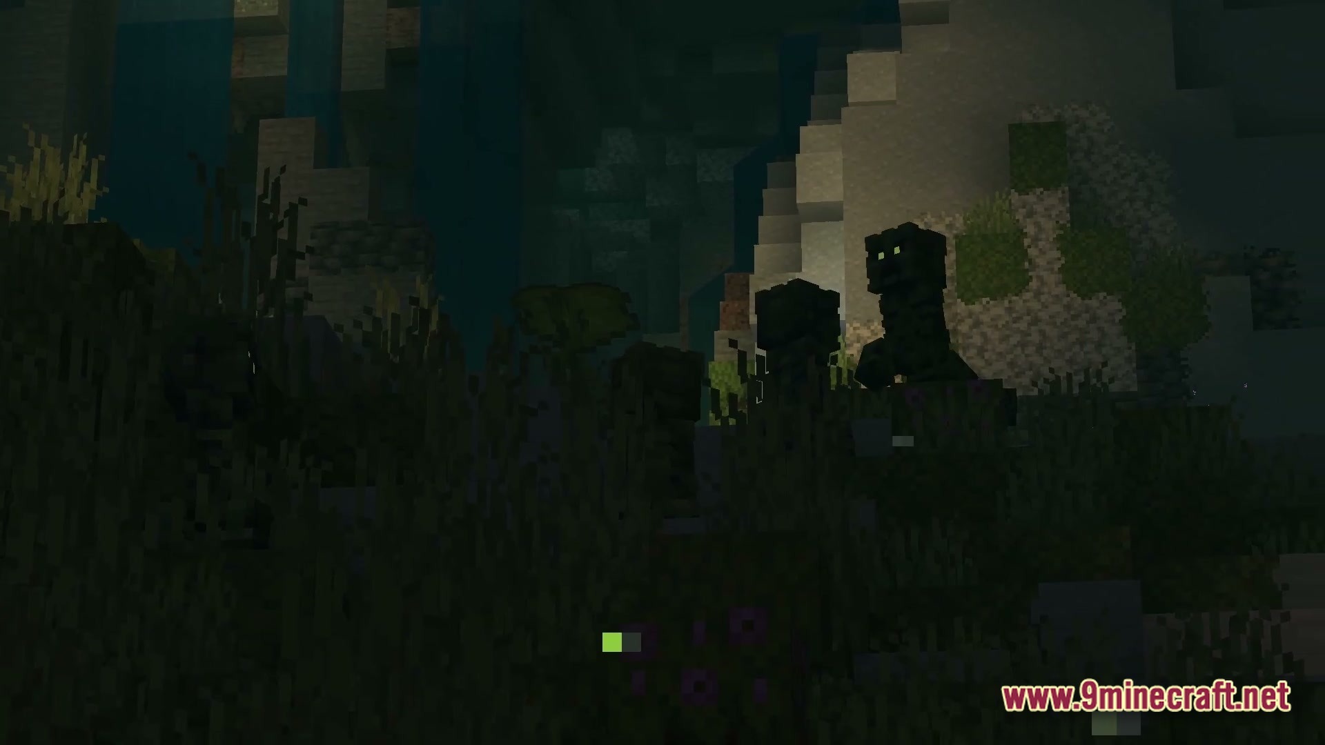 Polished Realm Essence Modpack Screenshot 3 A group of dark creepers standing in a dimly lit cave with tall grass and waterfalls