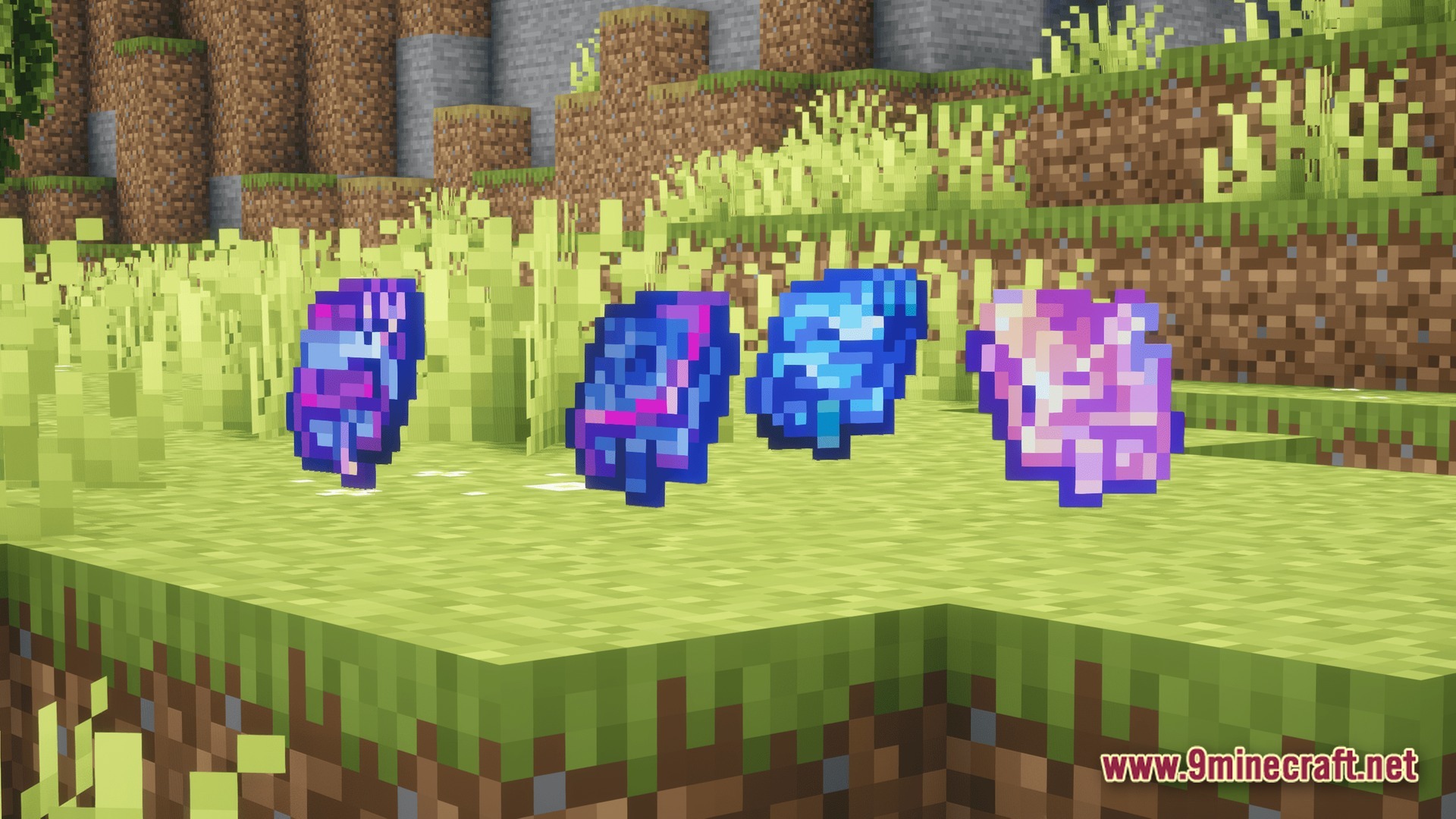 Polished Realm Essence Modpack Screenshot 7 Four colorful magical essence items floating above a grassy field in a Minecraft world