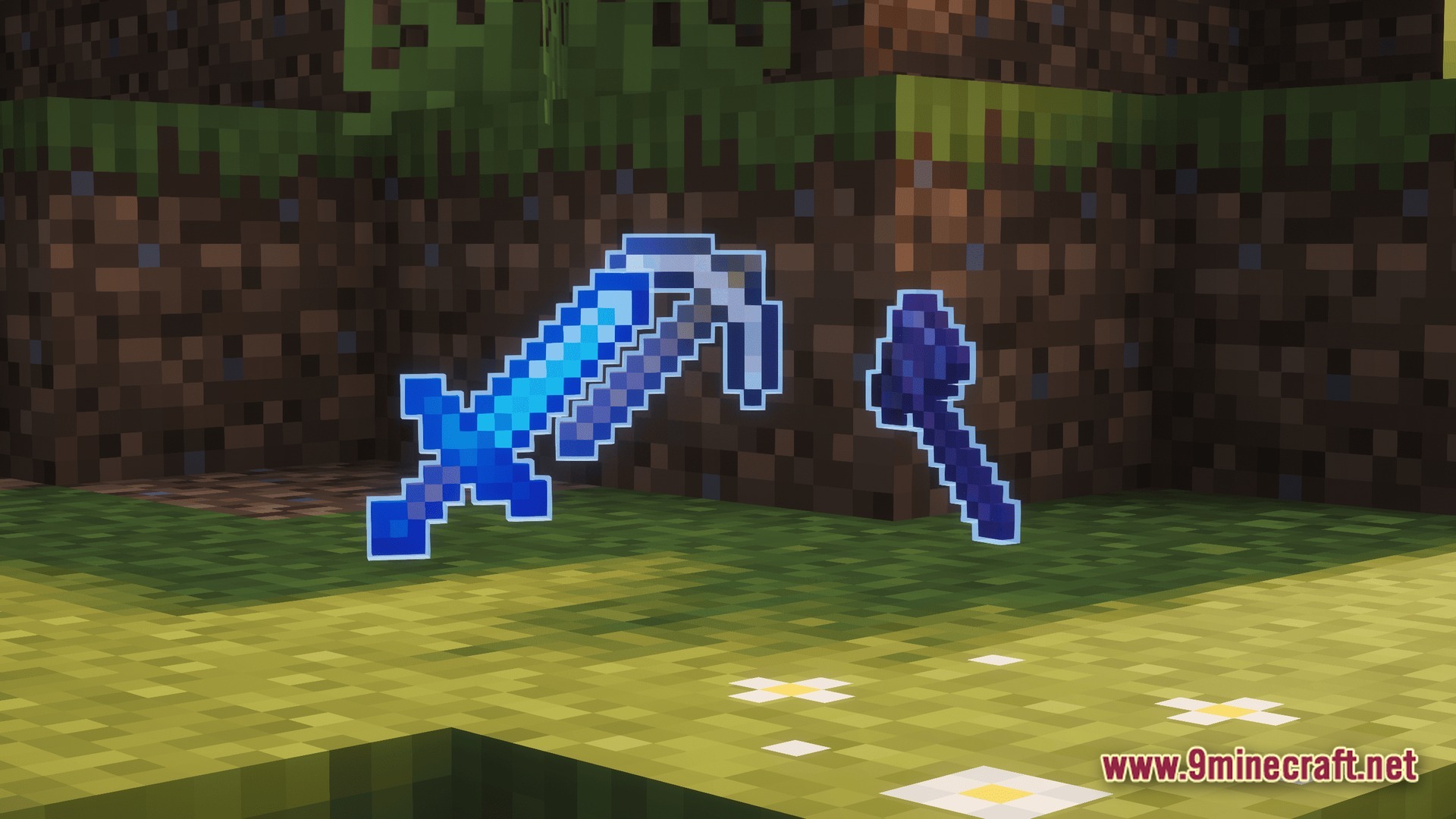 Polished Realm Essence Modpack Screenshot 8 A glowing blue sword, pickaxe, and shovel floating above a grassy field in a Minecraft world