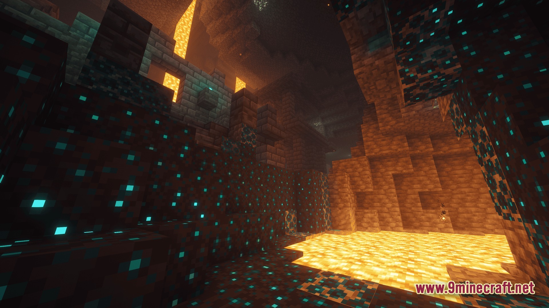 Polished Realm Essence Modpack Screenshot 9 Deep underground cavern featuring sculk growth, stone brick structures, and glowing pools of lava