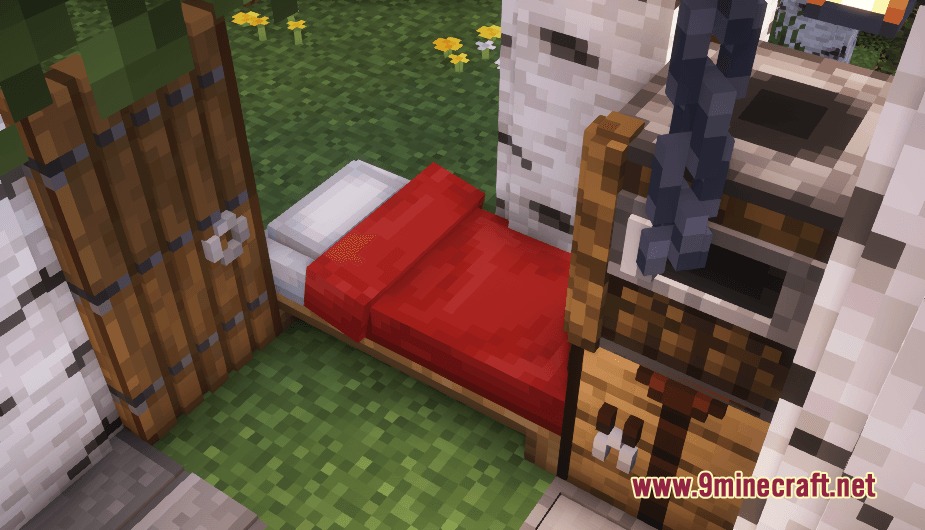 Poly Smooth Vanilla Resource Pack Screenshot 3 Red bed with enhanced 3D model inside a small birch wood house interior