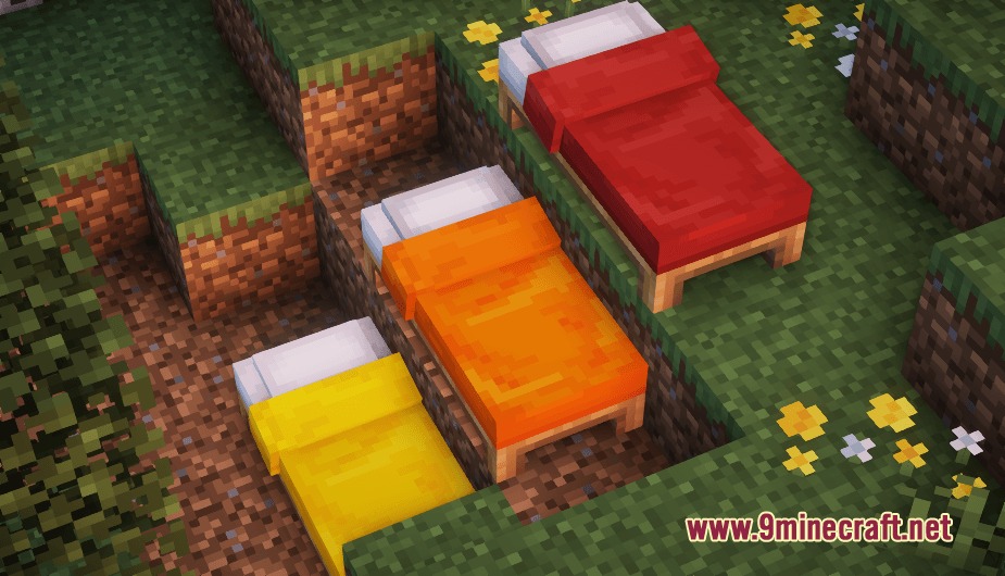 Poly Smooth Vanilla Resource Pack Screenshot 4 Three colorful beds with 3D models placed on different levels of grass blocks