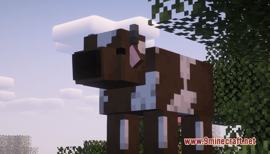 Poly Smooth Vanilla Resource Pack Screenshot 5 A brown and white cow with detailed 3D features standing near a tree
