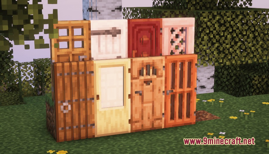 Poly Smooth Vanilla Resource Pack Screenshot 6 Various wooden doors and trapdoors with enhanced 3D models displayed on grass