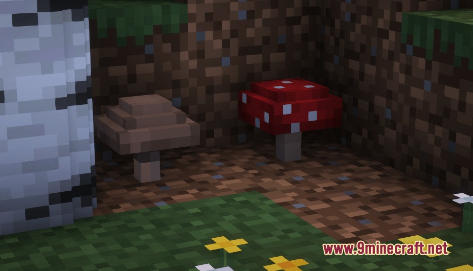 Poly Smooth Vanilla Resource Pack Screenshot 8 Brown and red mushrooms with detailed 3D shapes on the forest floor
