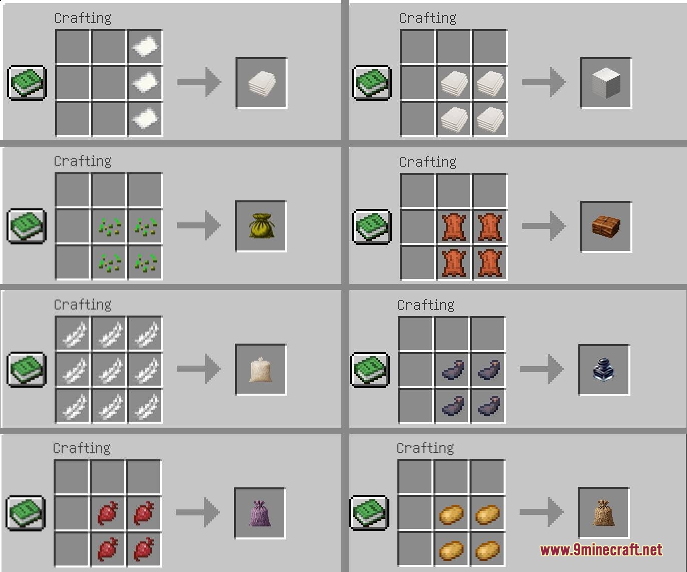 Pouch & Paper Mod Screenshot 2 Crafting recipes for storage pouches and paper blocks in Pouch and Paper mod