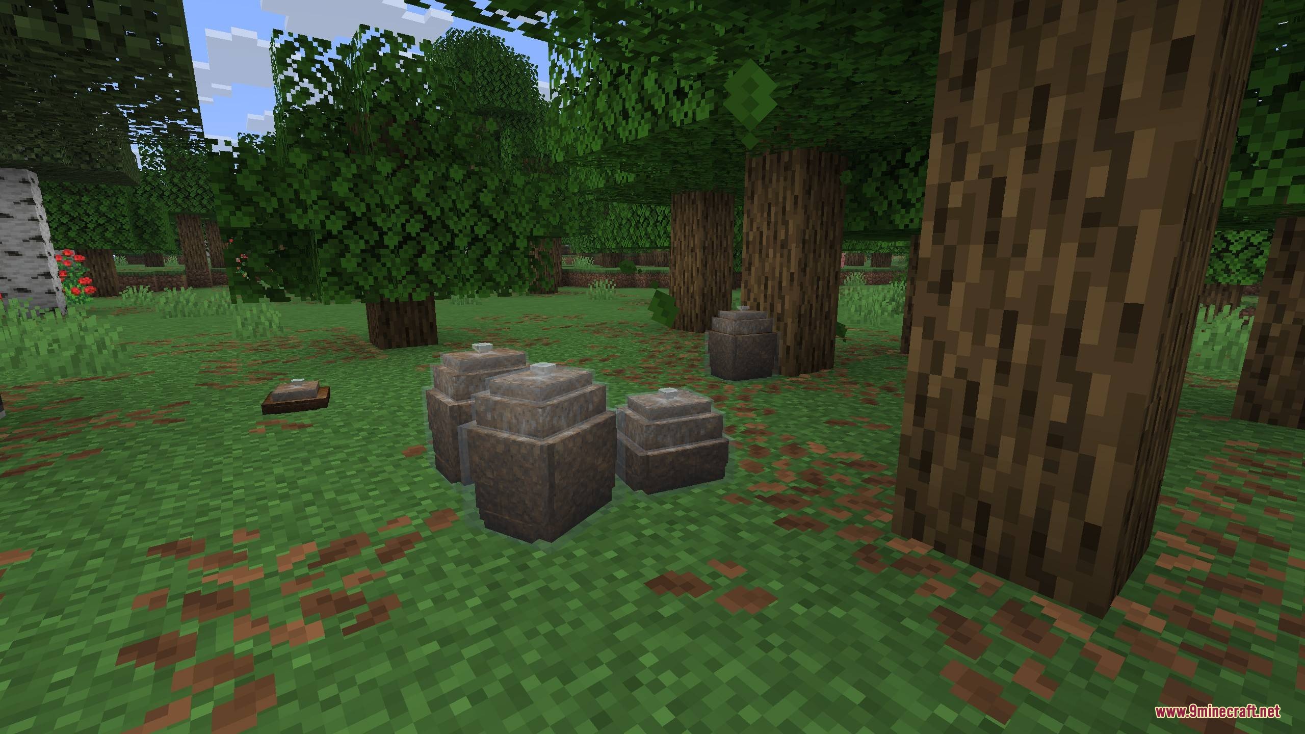 Pouch & Paper Mod Screenshot 4 Several brown storage sacks placed on the forest floor between large trees