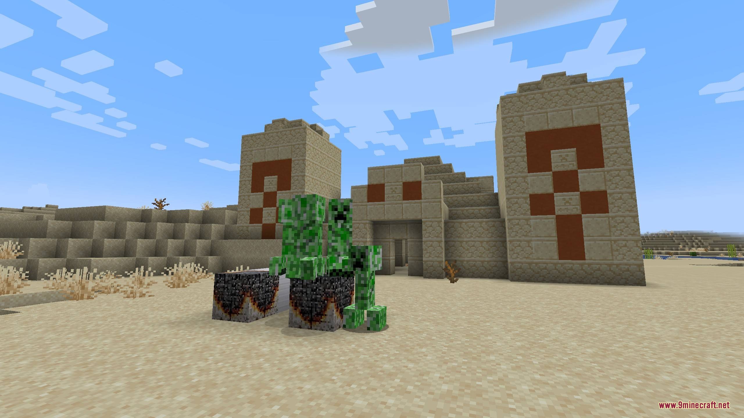 Pouch & Paper Mod Screenshot 7 Creepers gather around burnt paper blocks in front of a desert temple