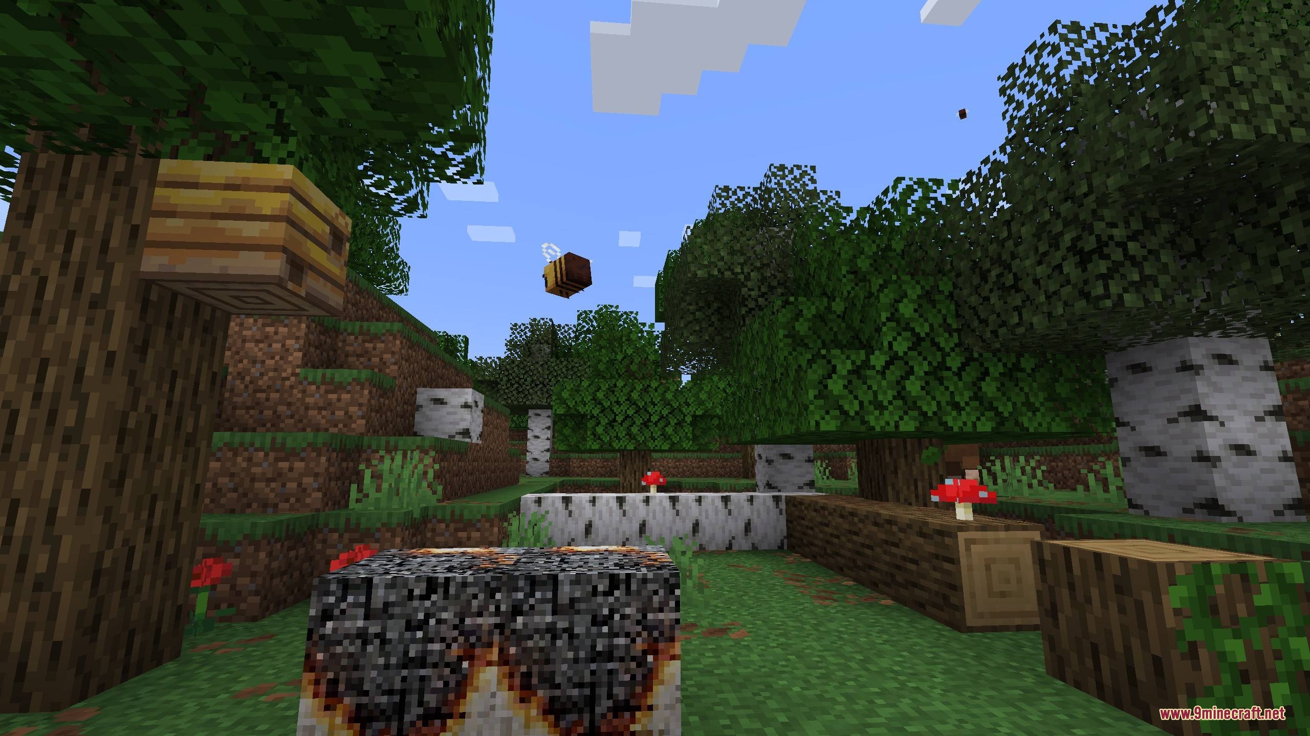 Pouch & Paper Mod Screenshot 8 A bee flies away from a burnt paper block in the forest