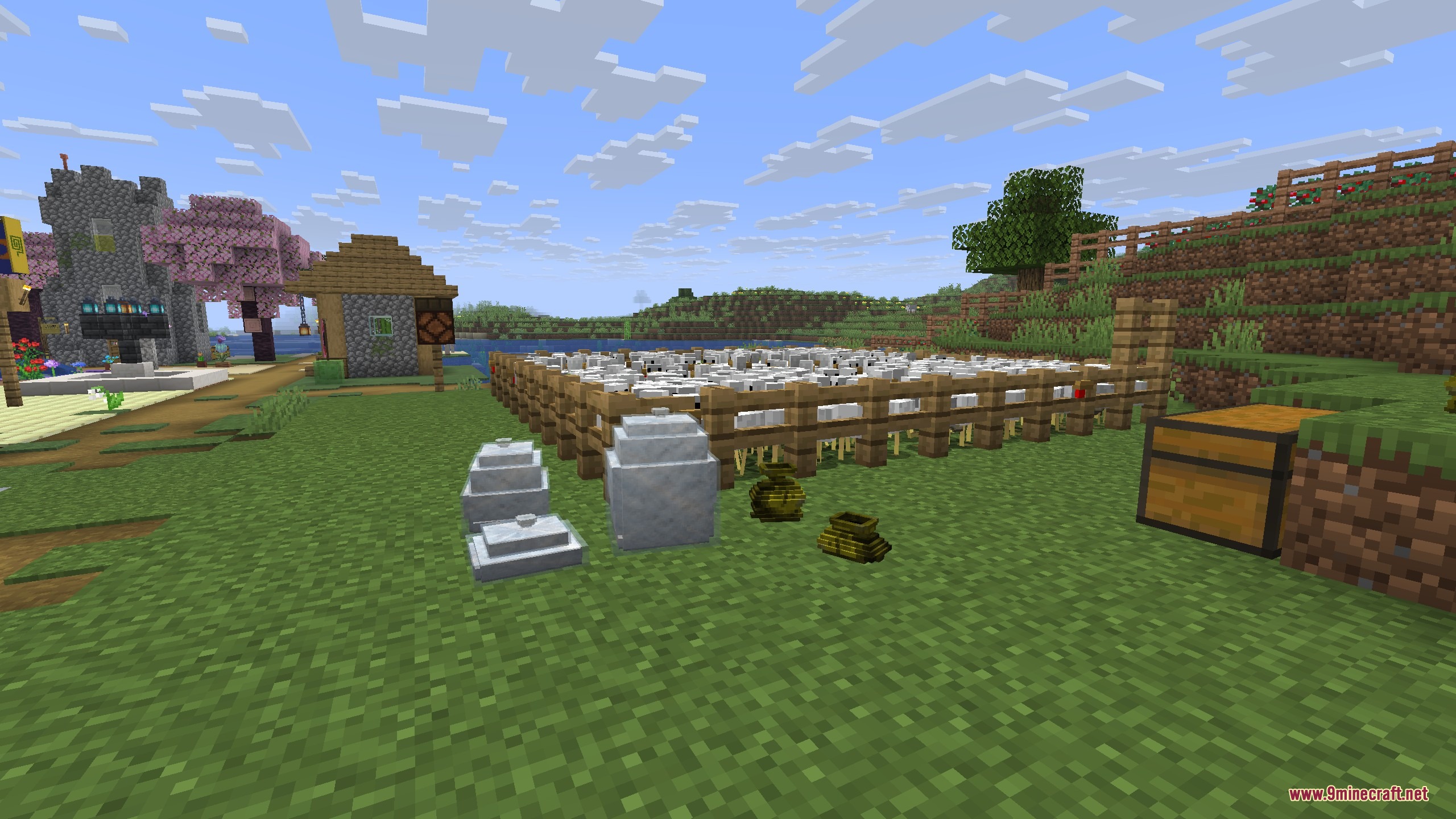 Pouch & Paper by Spekarchik Mod Screenshot 3 White sacks and brown pouches placed on the grass near a chicken farm