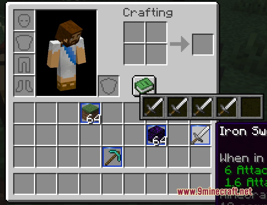 Pouch Perfected Mod Screenshot 1 Player inventory showing a storage overlay with multiple iron swords and stacked items