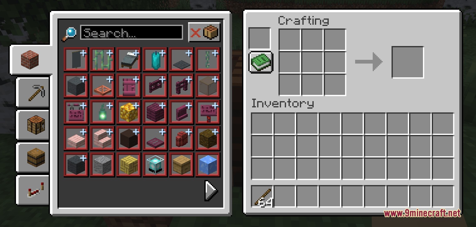 Pouch Perfected Mod Screenshot 2 Crafting table interface with an improved recipe book showing various blocks and items