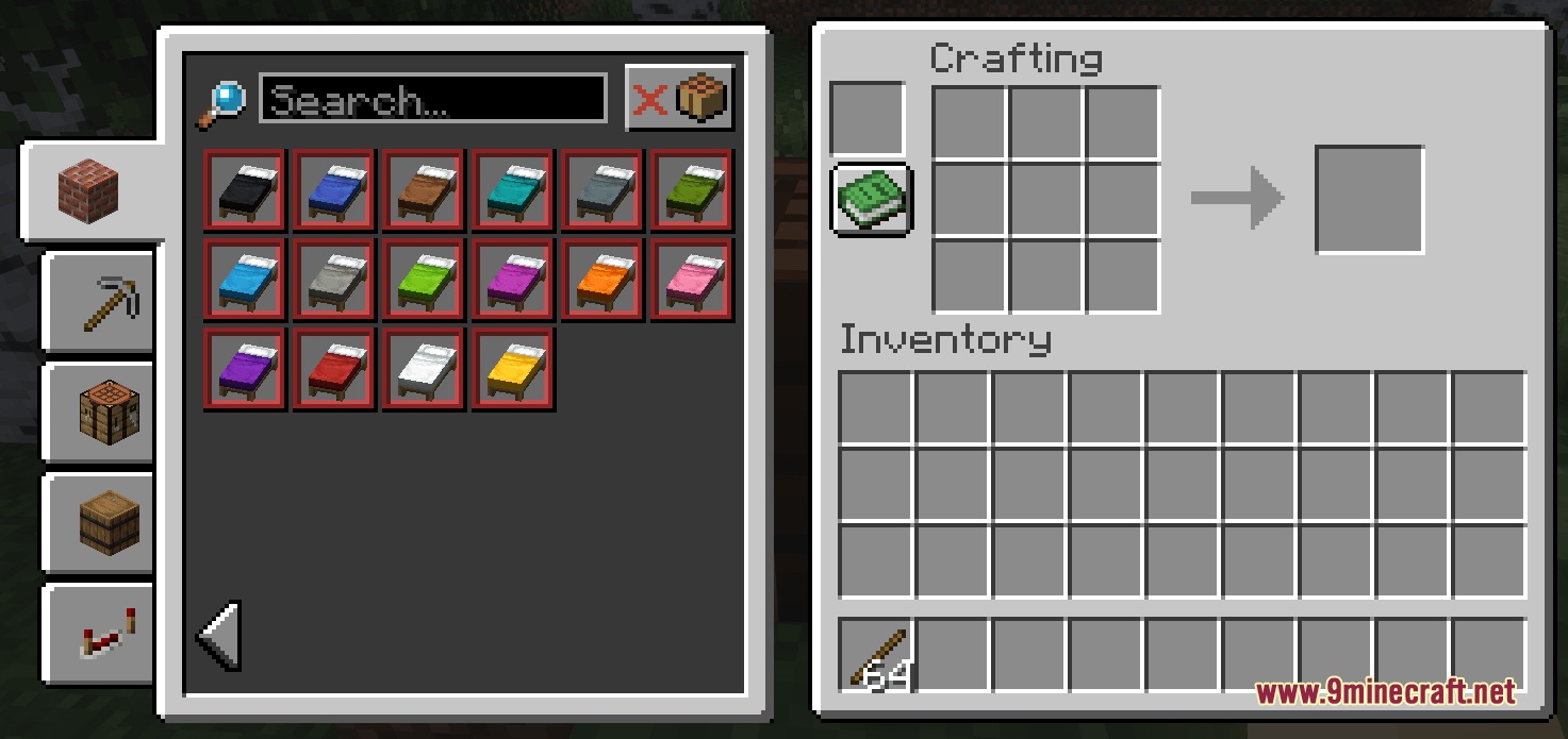 Pouch Perfected Mod Screenshot 3 Minecraft crafting table interface showing a recipe book filled with colored beds