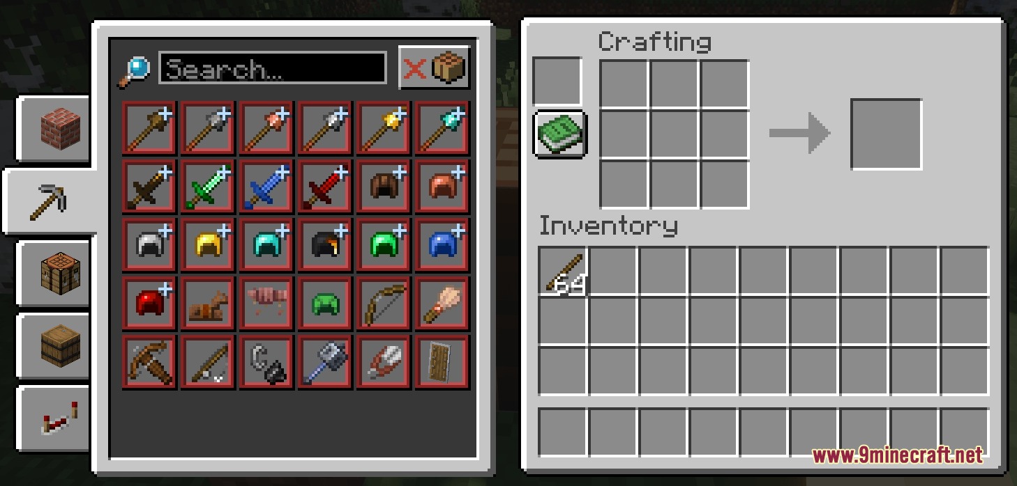 Pouch Perfected Mod Screenshot 5 Minecraft crafting interface showing a recipe book filled with various tools and armor