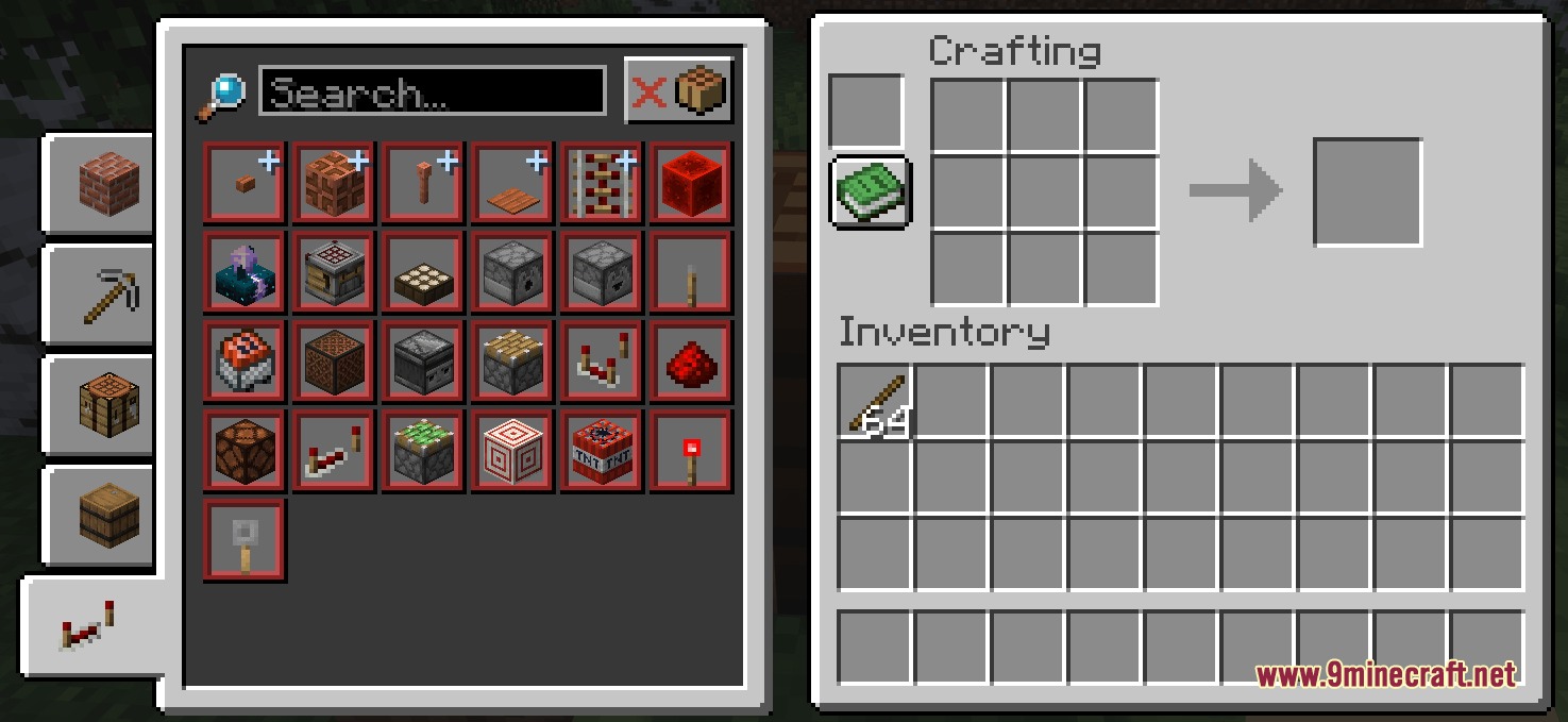 Pouch Perfected Mod Screenshot 8 Crafting interface showing redstone components in the updated recipe book layout