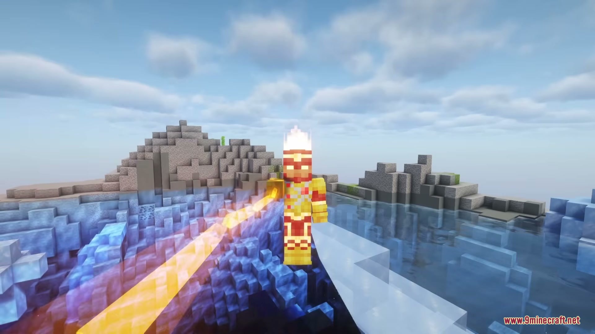 Powerborne Heroes Mod Screenshot 1 Minecraft character wearing a Firestorm suit shooting a powerful orange energy beam