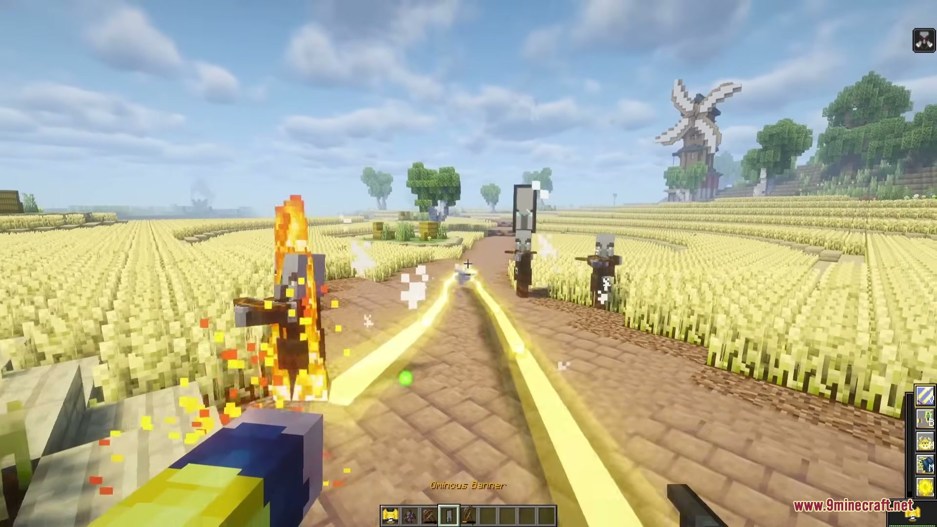 Powerborne Heroes Mod Screenshot 10 Character using energy powers to attack a group of Pillagers in a farm