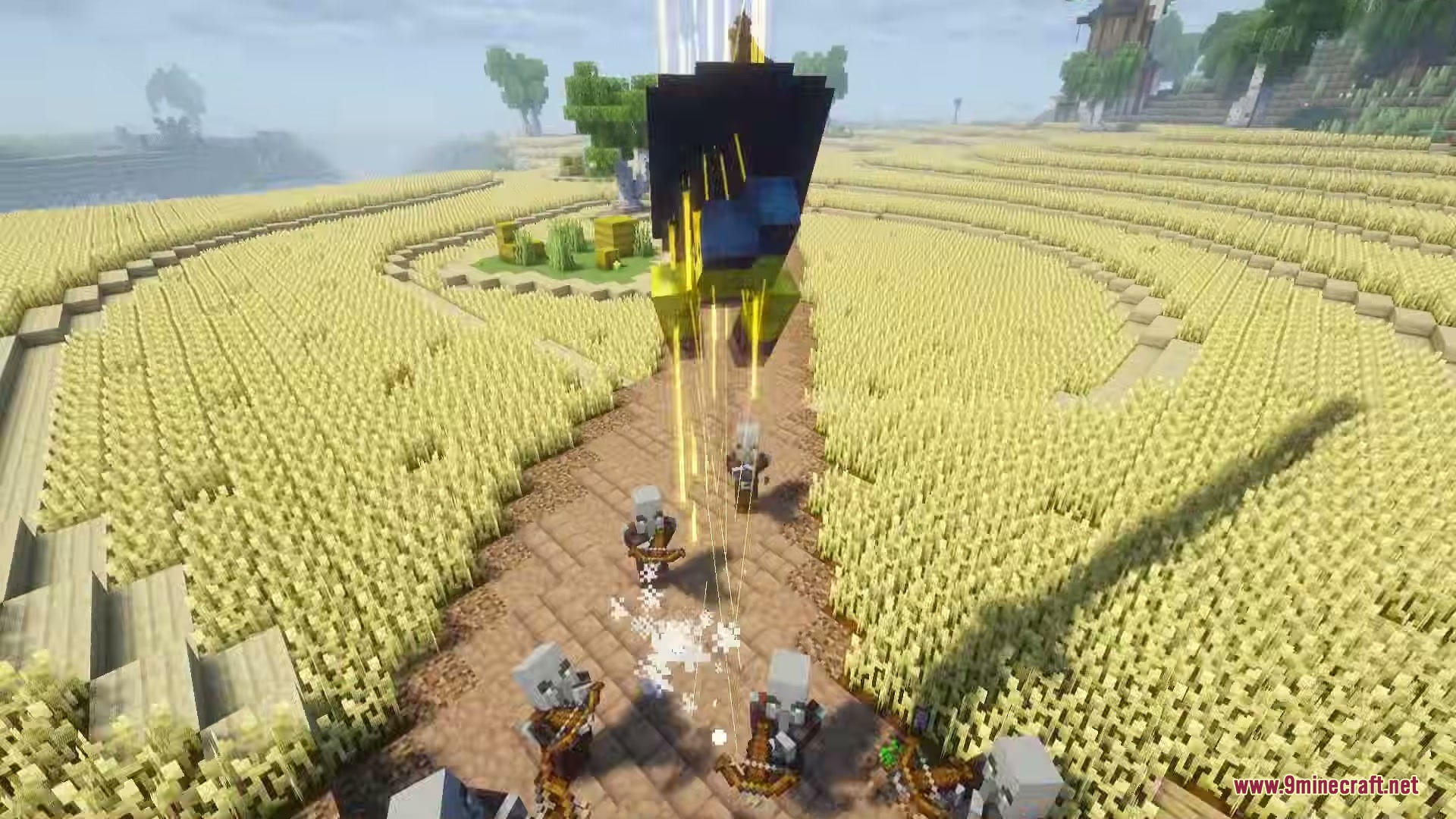Powerborne Heroes Mod Screenshot 11 A superhero character descends from the sky with yellow energy to attack pillagers