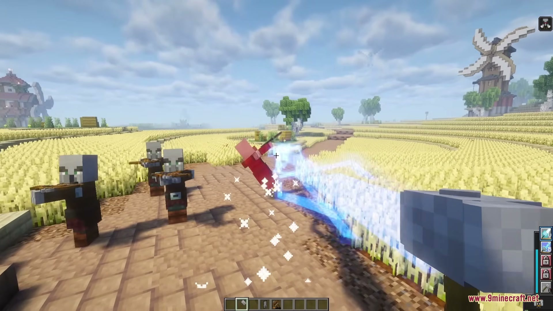Powerborne Heroes Mod Screenshot 12 A player shoots blue lightning from a hammer at pillagers in a wheat field
