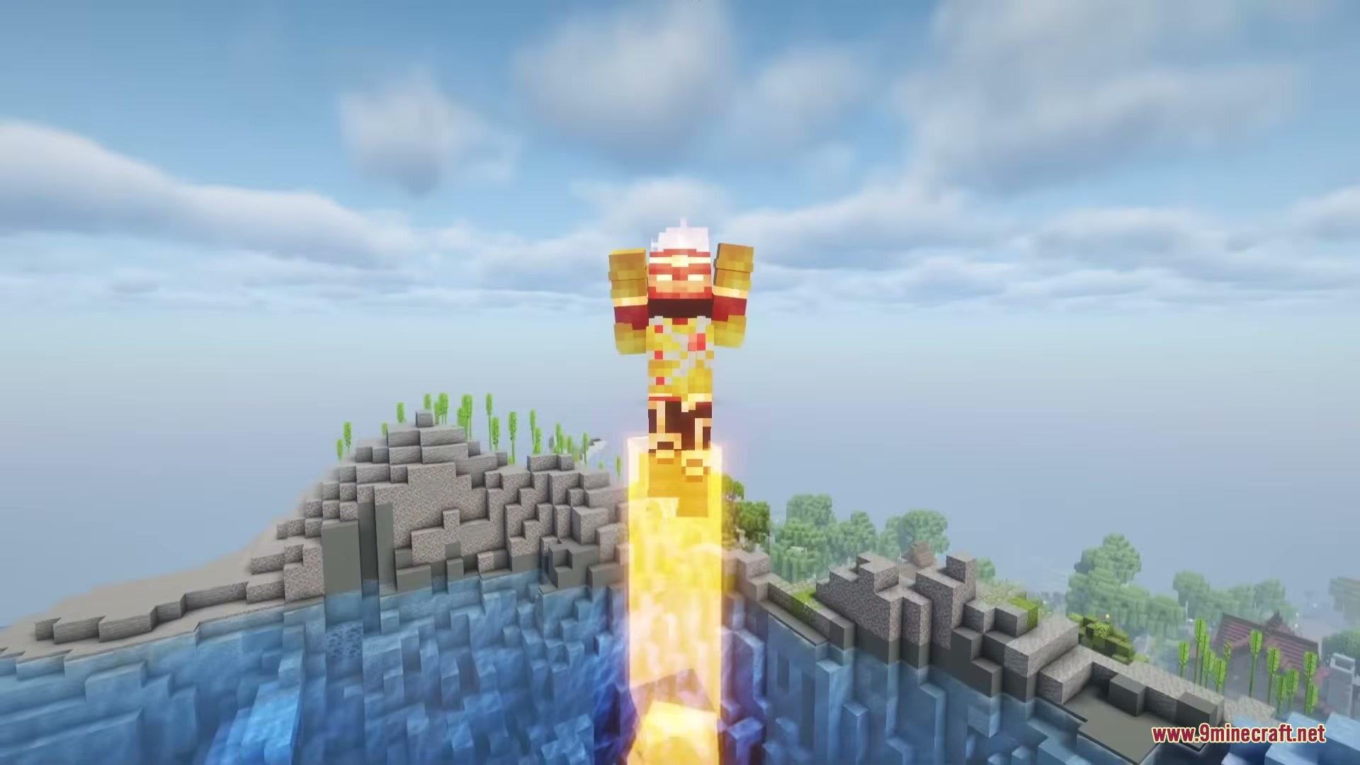 Powerborne Heroes Mod Screenshot 2 Minecraft hero in a Firestorm suit flying upwards with an orange energy trail