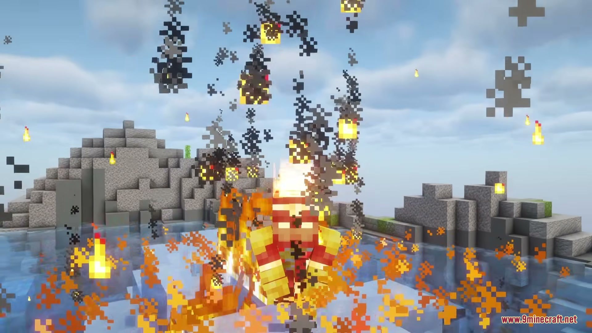 Powerborne Heroes Mod Screenshot 3 A Minecraft character using Firestorm powers from the Powerborne Heroes Mod