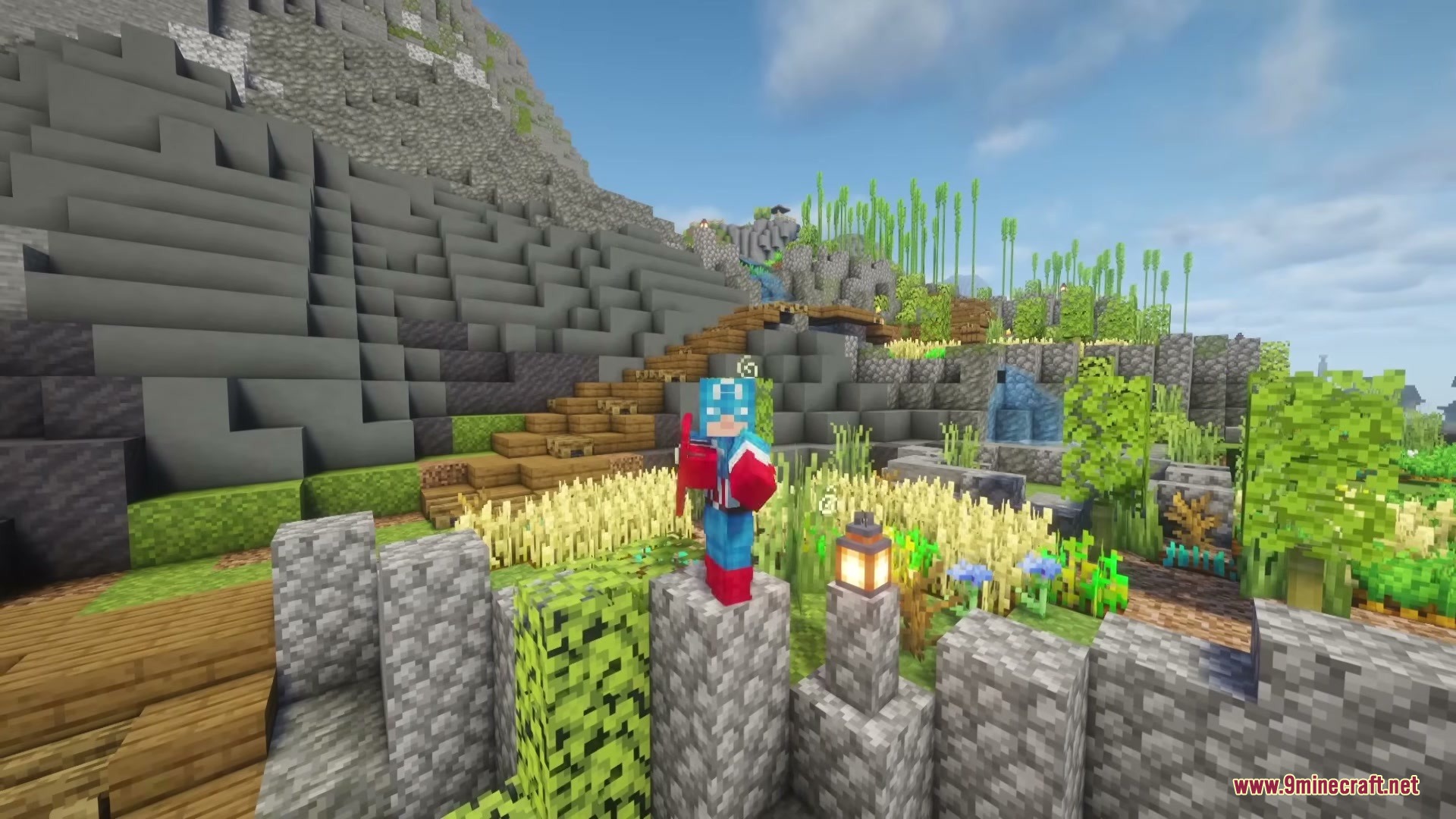 Powerborne Heroes Mod Screenshot 6 A player wearing a Captain America suit standing on a stone wall