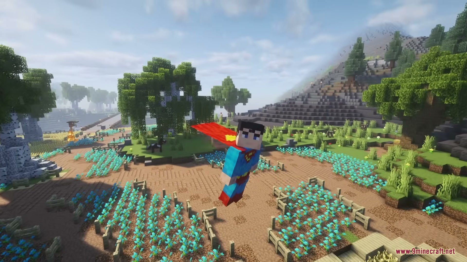 Powerborne Heroes Mod Screenshot 7 A player wearing a Superman suit flies over a scenic farm landscape