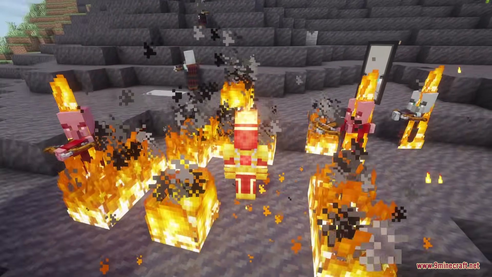 Powerborne Heroes Mod Screenshot 8 Hostile Pillagers are burning and emitting dark smoke particles in a rocky area