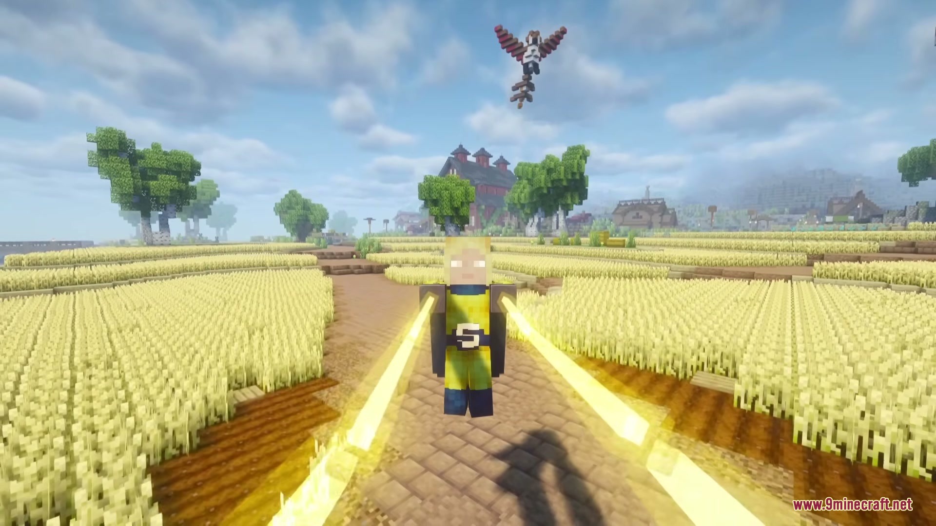 Powerborne Heroes Mod Screenshot 9 A superhero character flying through the air above a vast golden wheat field