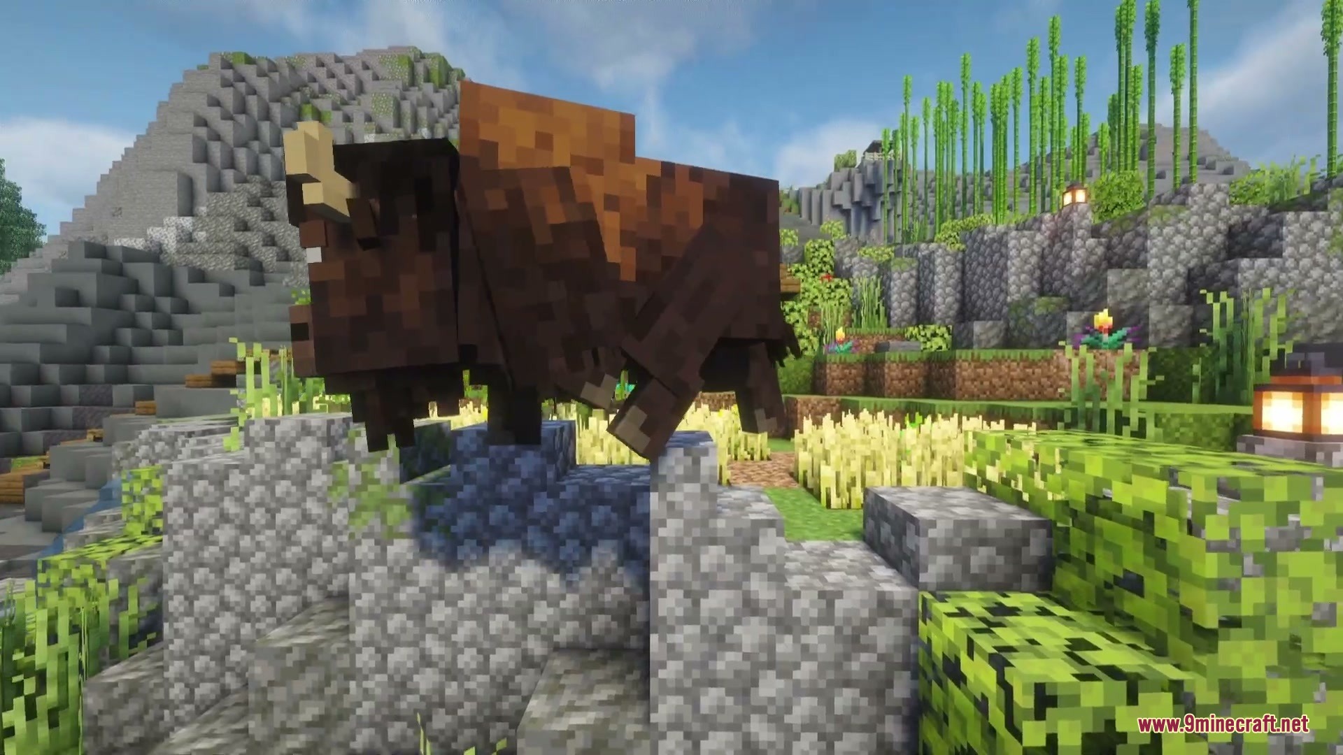 Prairie Meadow Behemoths Mod Screenshot 3 A massive wild bison standing on a rocky cliff in the meadow biome