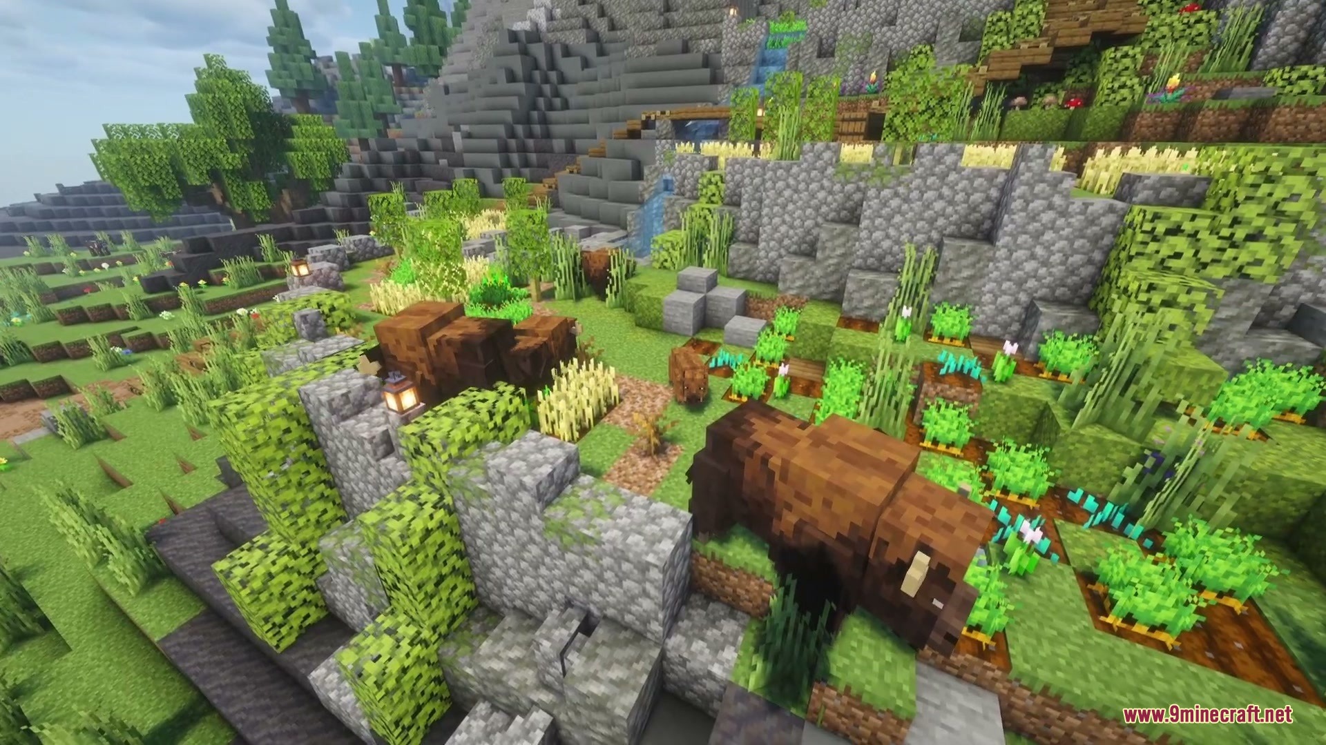 Prairie Meadow Behemoths Mod Screenshot 6 Bison wandering through a farm with various crops and stone structures