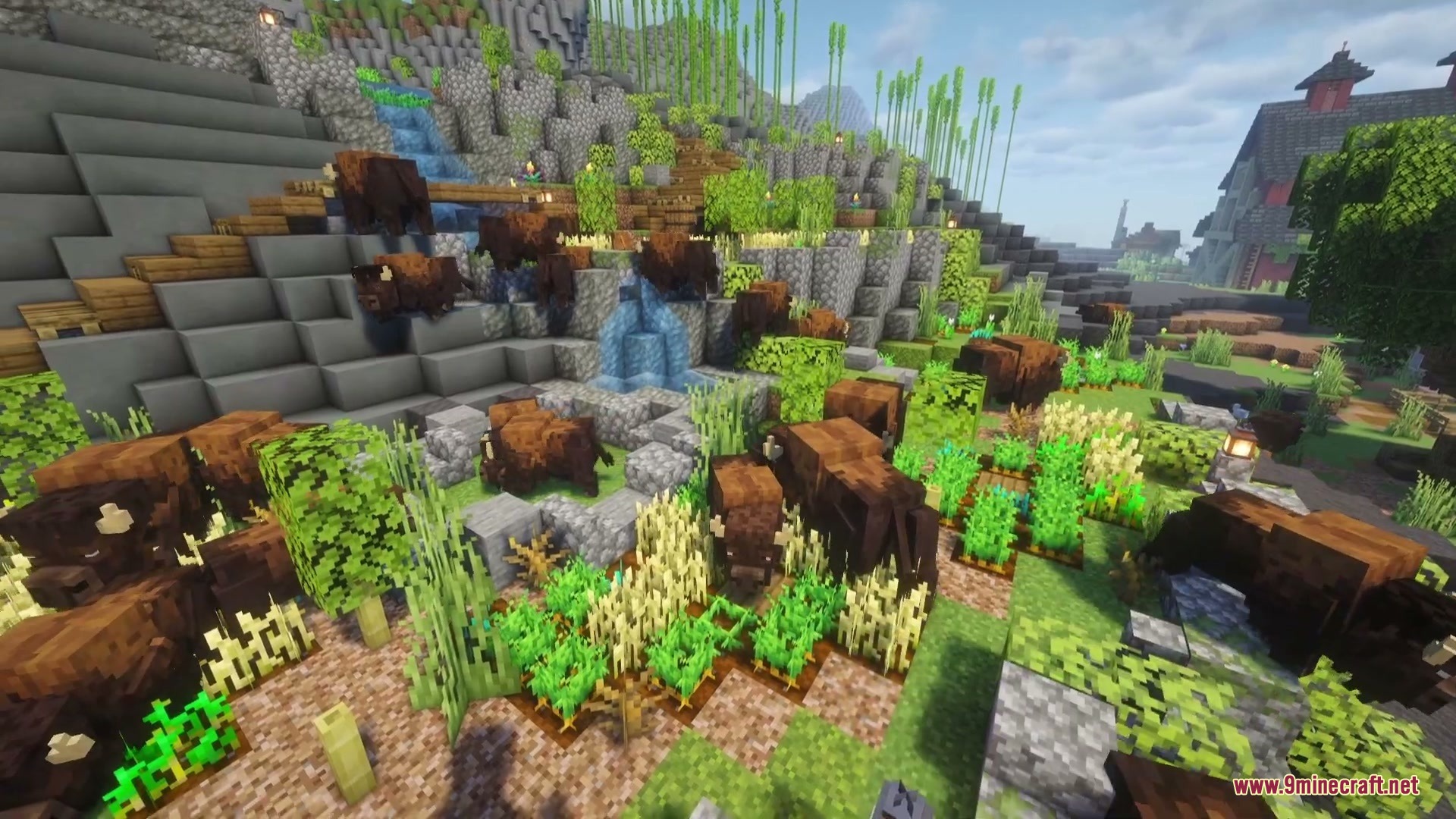 Prairie Meadow Behemoths Mod Screenshot 7 Large bison herds roaming through a lush meadow biome with various crops