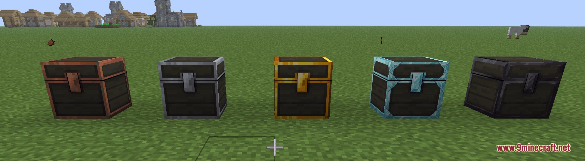 Prestige Tiered Vaults Mod Screenshot 1 Five upgraded storage chests from Copper to Netherite placed on a grassy field