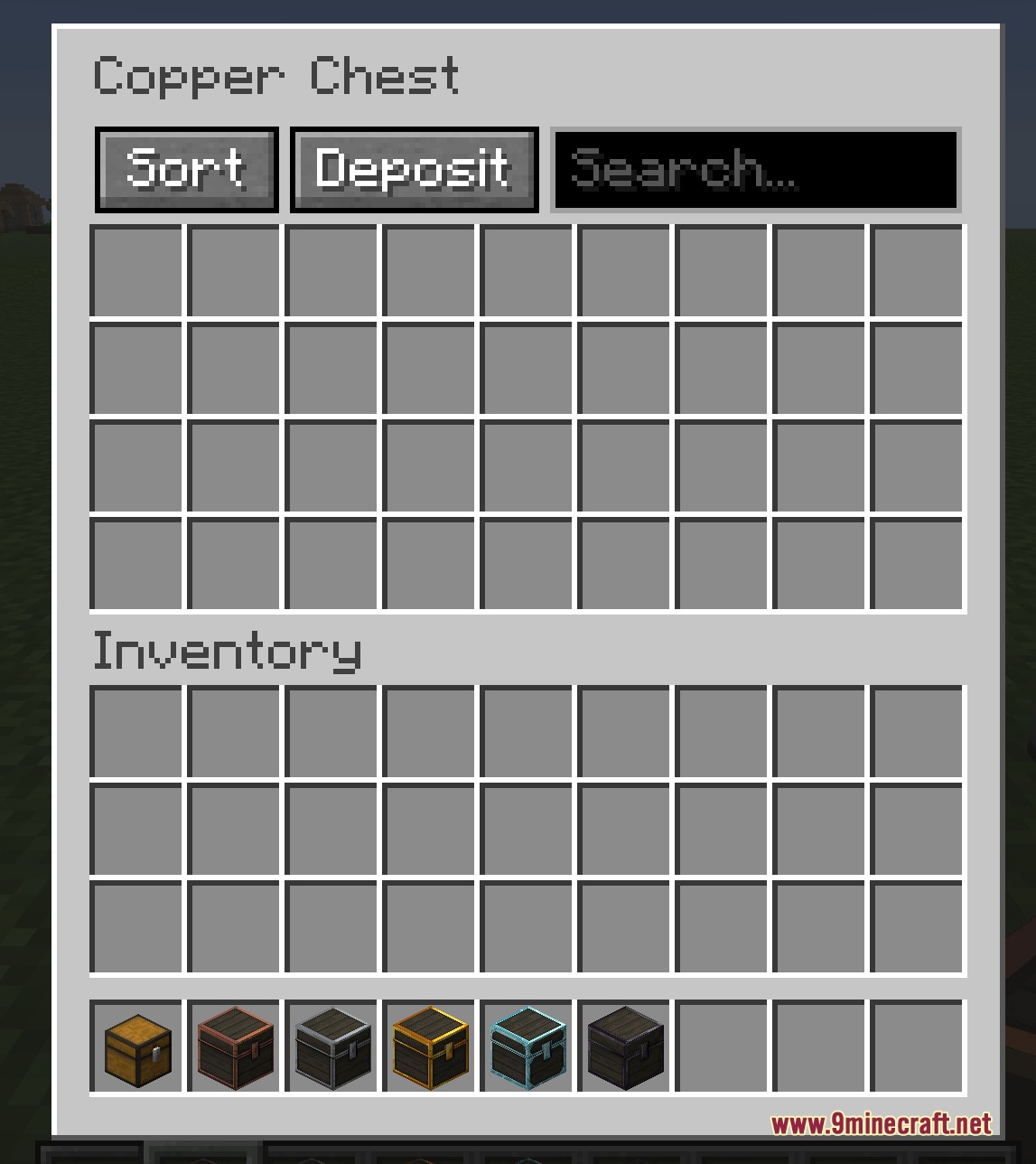 Prestige Tiered Vaults Mod Screenshot 2 Copper Chest interface with sorting buttons and search bar in Prestige Tiered Vaults