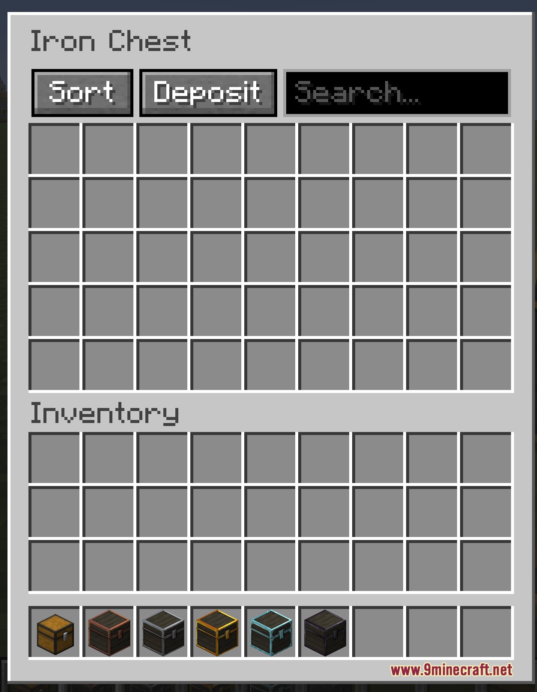 Prestige Tiered Vaults Mod Screenshot 3 The Iron Chest interface displays forty five slots and inventory management tools