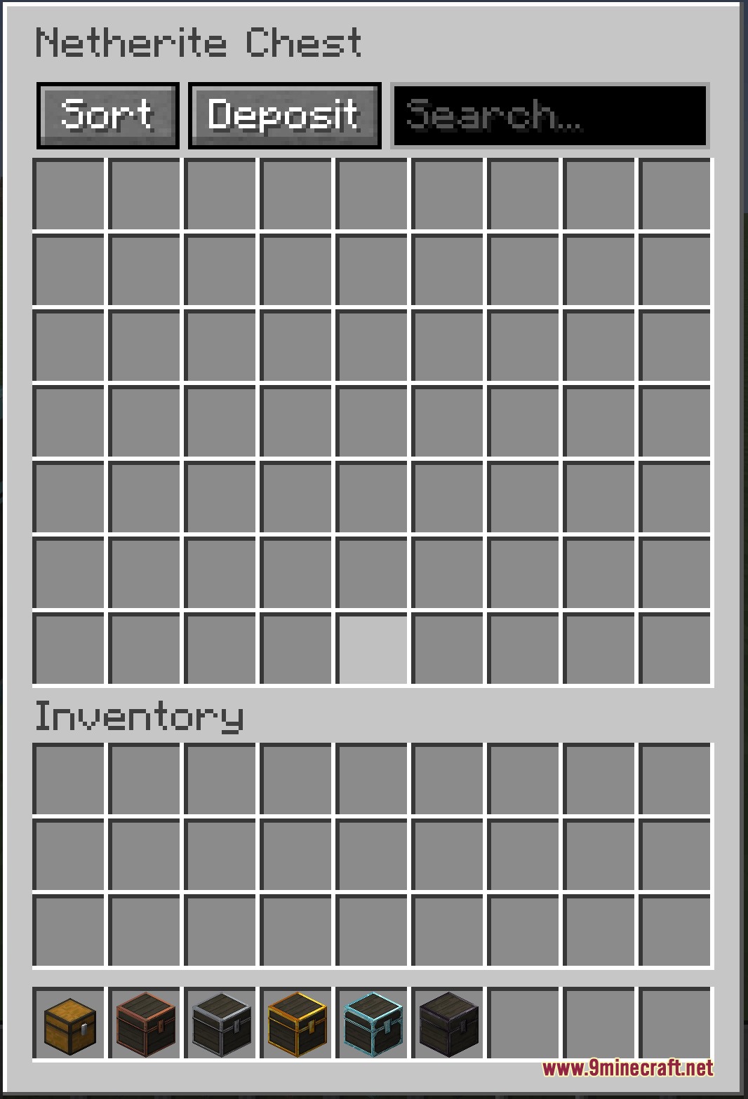 Prestige Tiered Vaults Mod Screenshot 7 Minecraft user interface for a Netherite Chest with sorting and deposit buttons