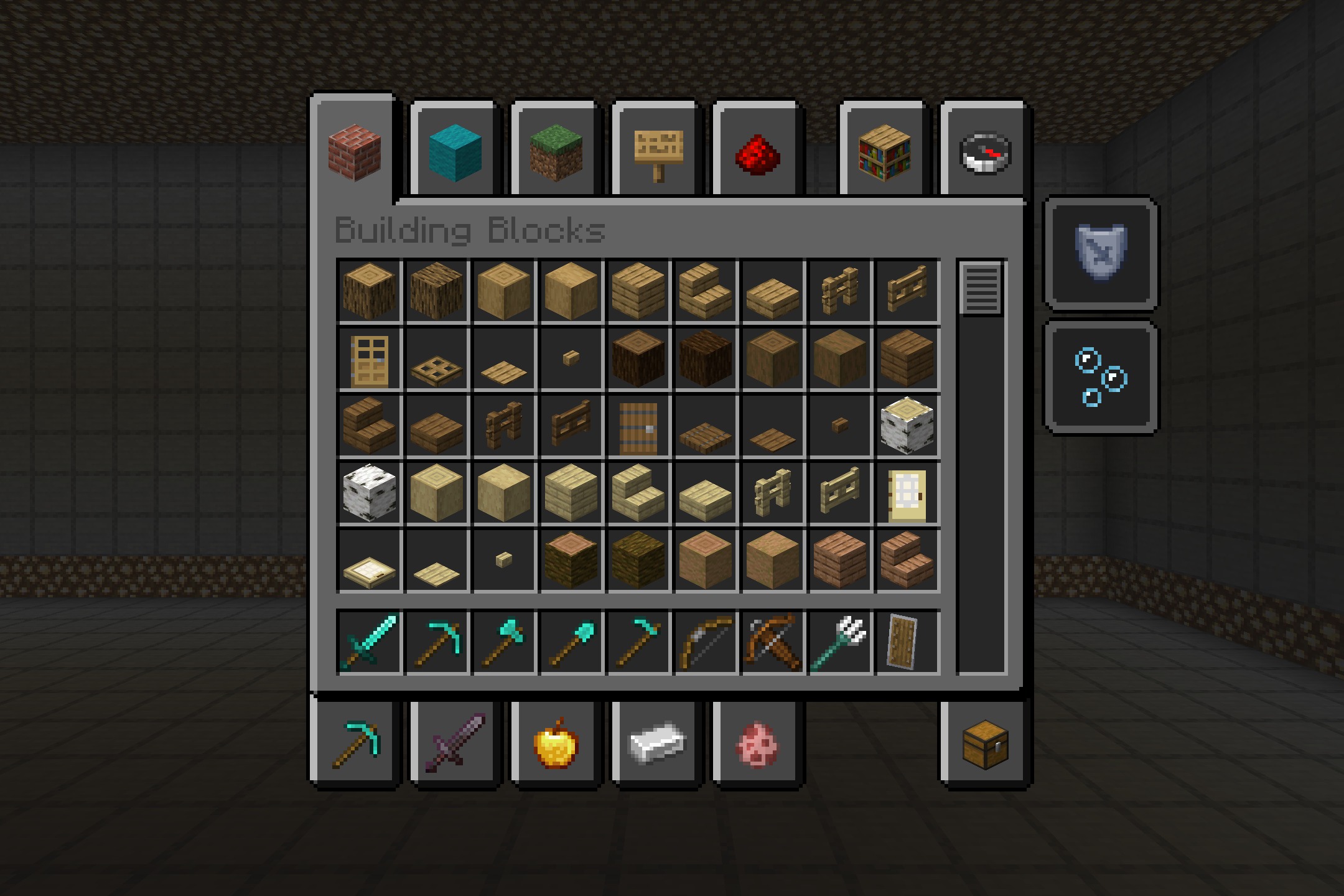 Dark themed creative inventory menu displaying various building blocks and survival tools
