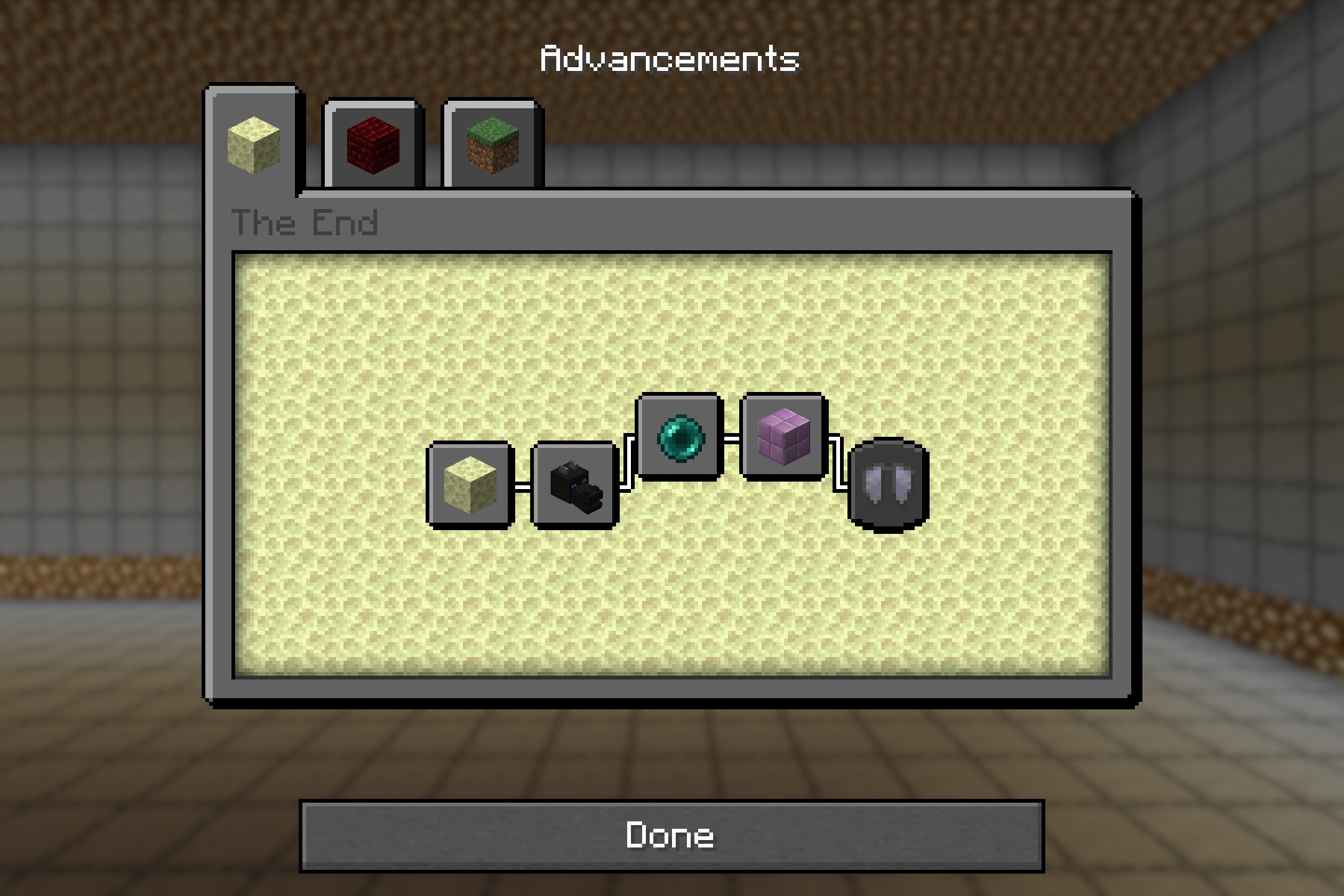 The advancements menu features a dark background while showing end dimension achievements