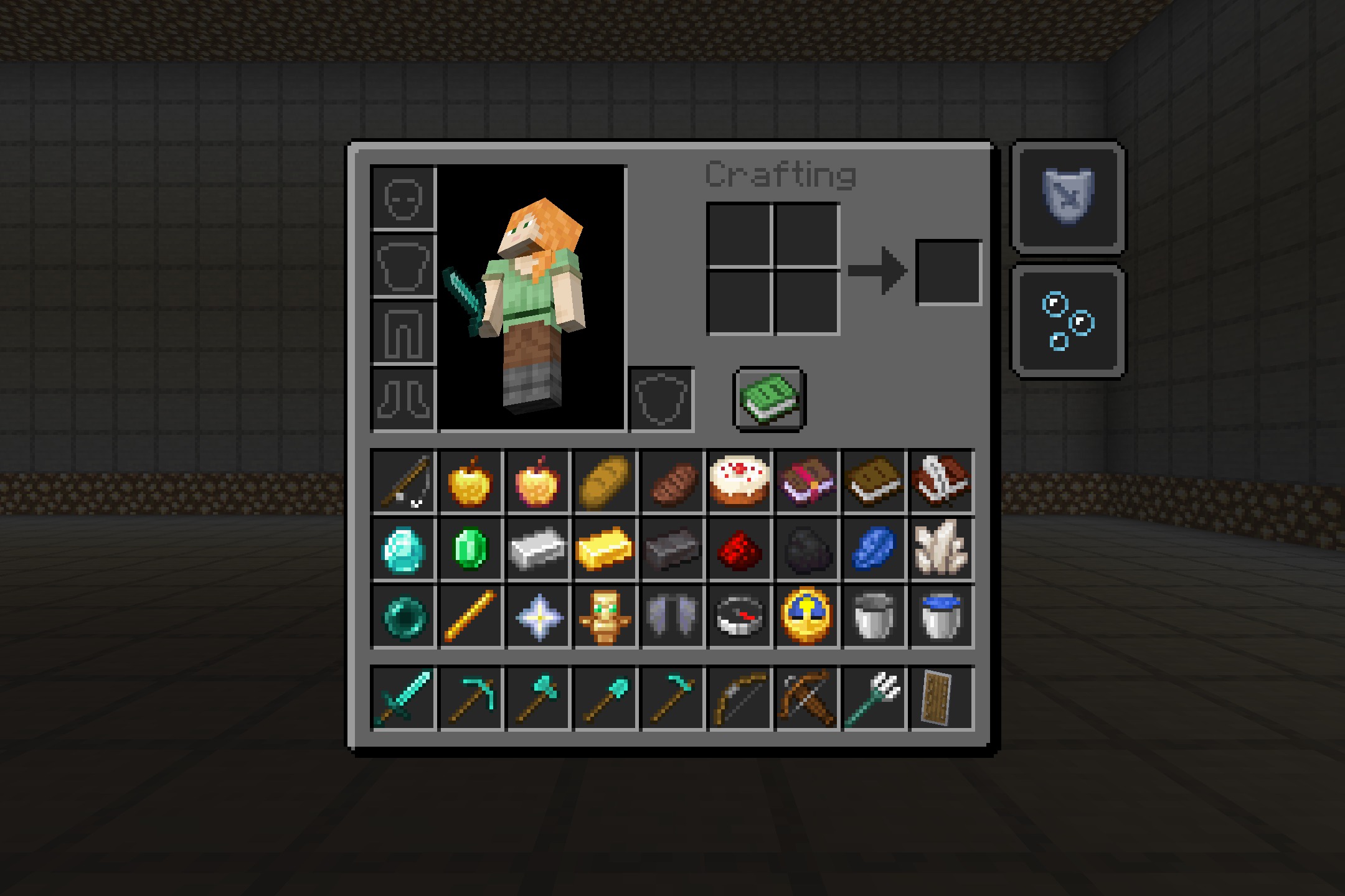 Minecraft inventory screen with a dark theme showing items and character Alex