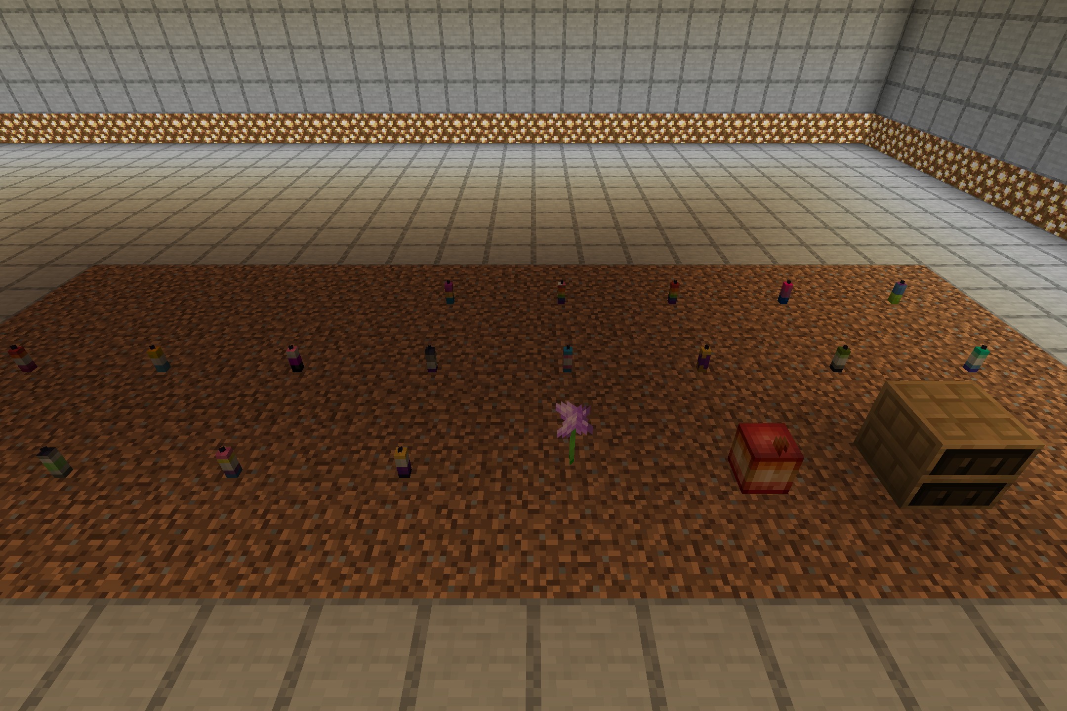 Pride Pack Resource Pack Screenshot 1 Various colorful pride candles and a chiseled bookshelf placed on dirt blocks