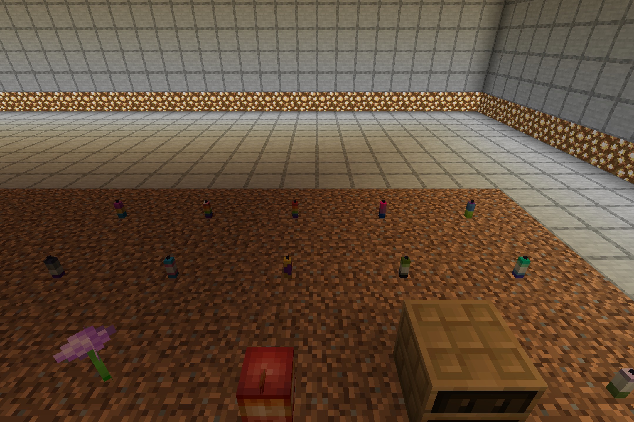 Pride Pack Resource Pack Screenshot 2 Close up view of colorful candles and a red bed on dirt