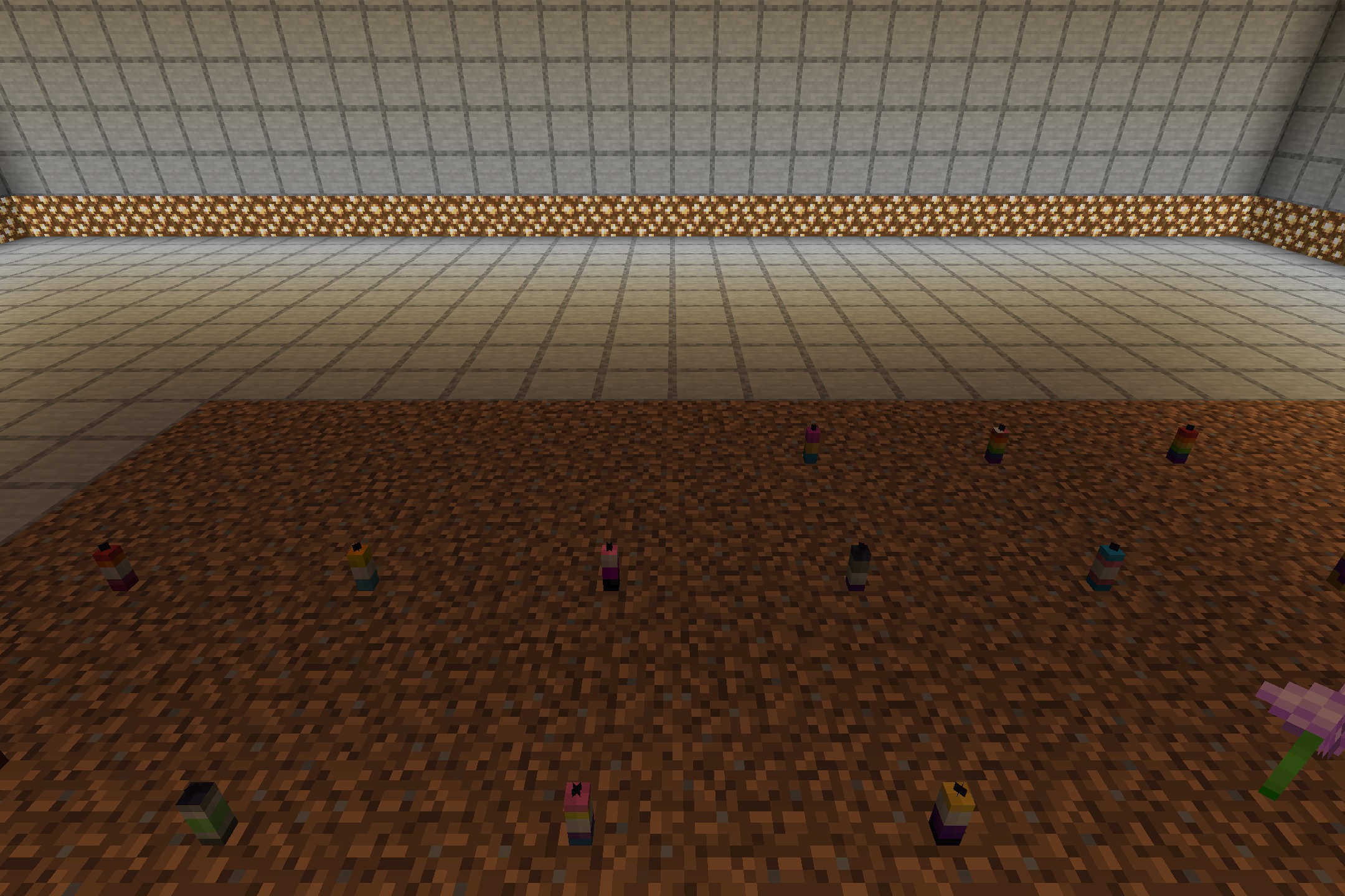 Pride Pack Resource Pack Screenshot 3 Colorful pride themed candles are scattered on a dirt floor in Minecraft