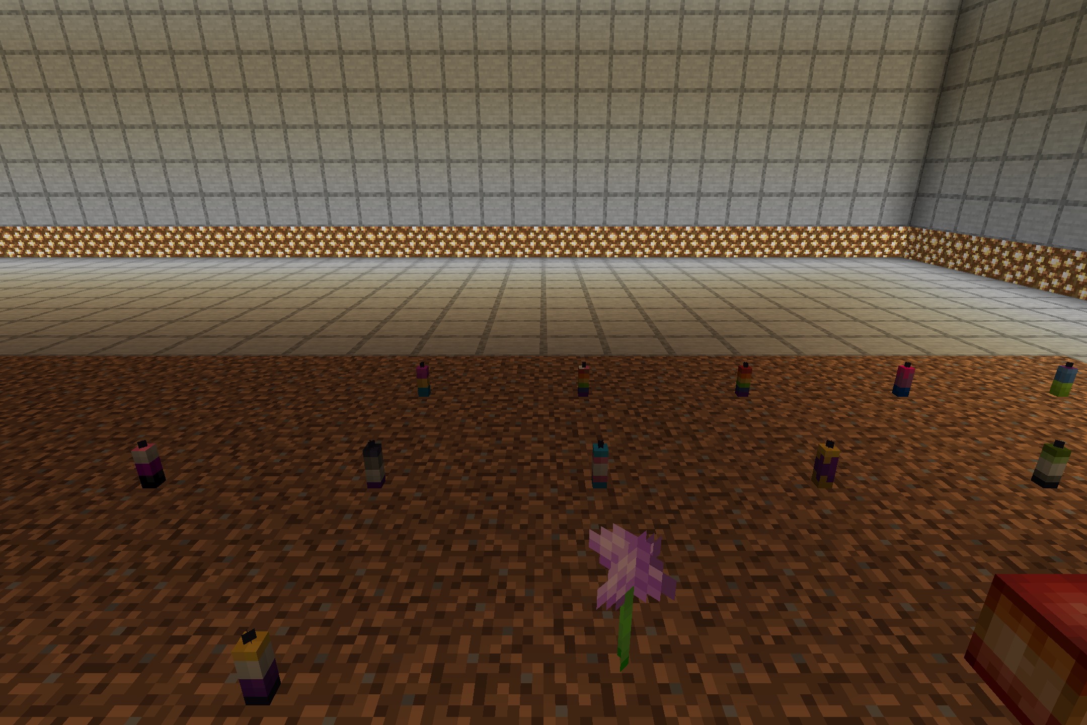 Pride Pack Resource Pack Screenshot 4 Pride flag candles and a purple flower placed on a dirt floor