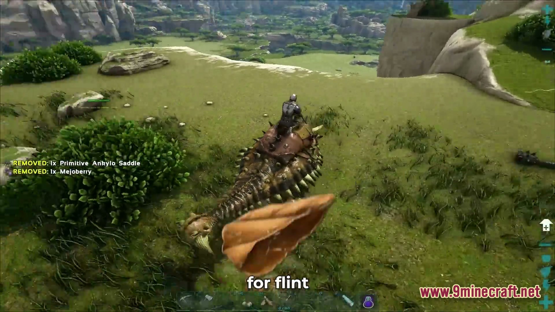 Primal Genesis Rising Modpack Screenshot 1 A player rides a saddled Ankylosaurus across a grassy plateau in a prehistoric landscape