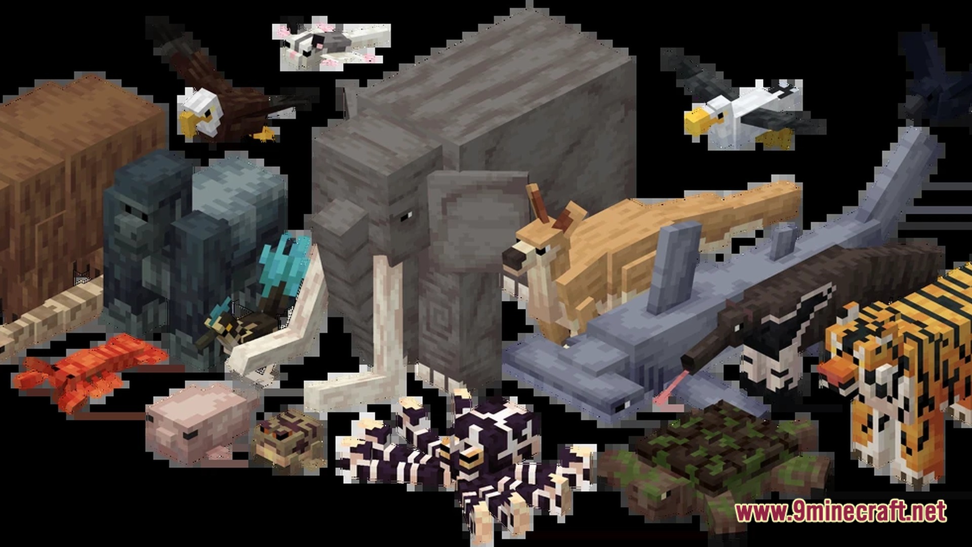 Primal Genesis Rising Modpack Screenshot 10 A collection of diverse animal mobs including an elephant, tiger, gorilla, and hammerhead shark