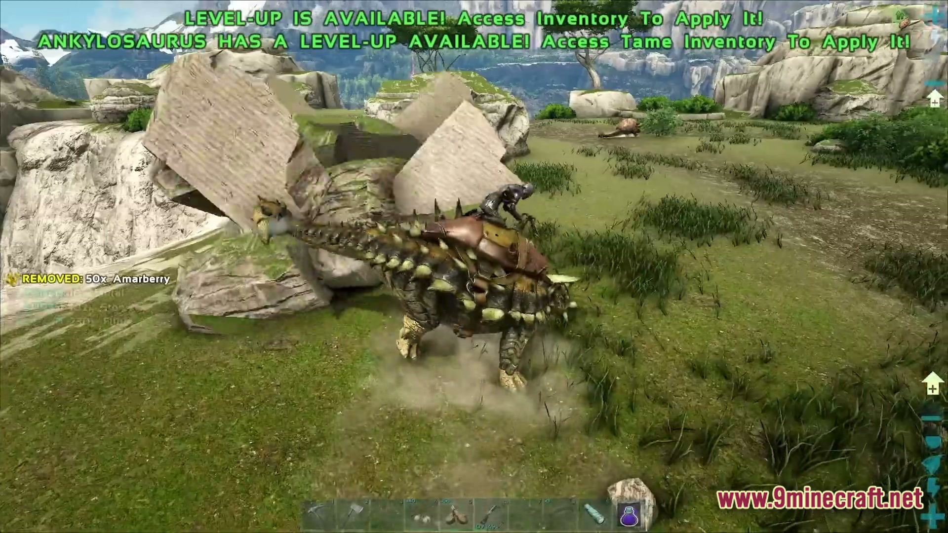 Primal Genesis Rising Modpack Screenshot 2 A player rides a saddled Ankylosaurus while harvesting resources in a rocky, grassy mountain biome