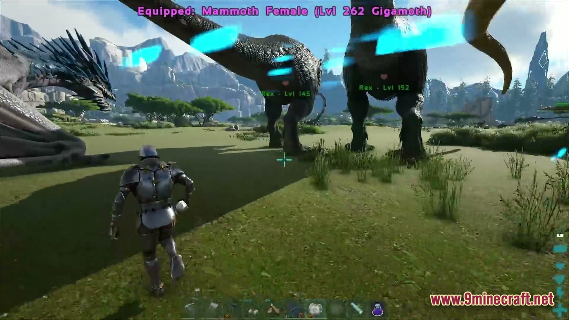 Primal Genesis Rising Modpack Screenshot 3 A player in plate armor approaches tamed Tyrannosaurus rexes and a dragon in an open field