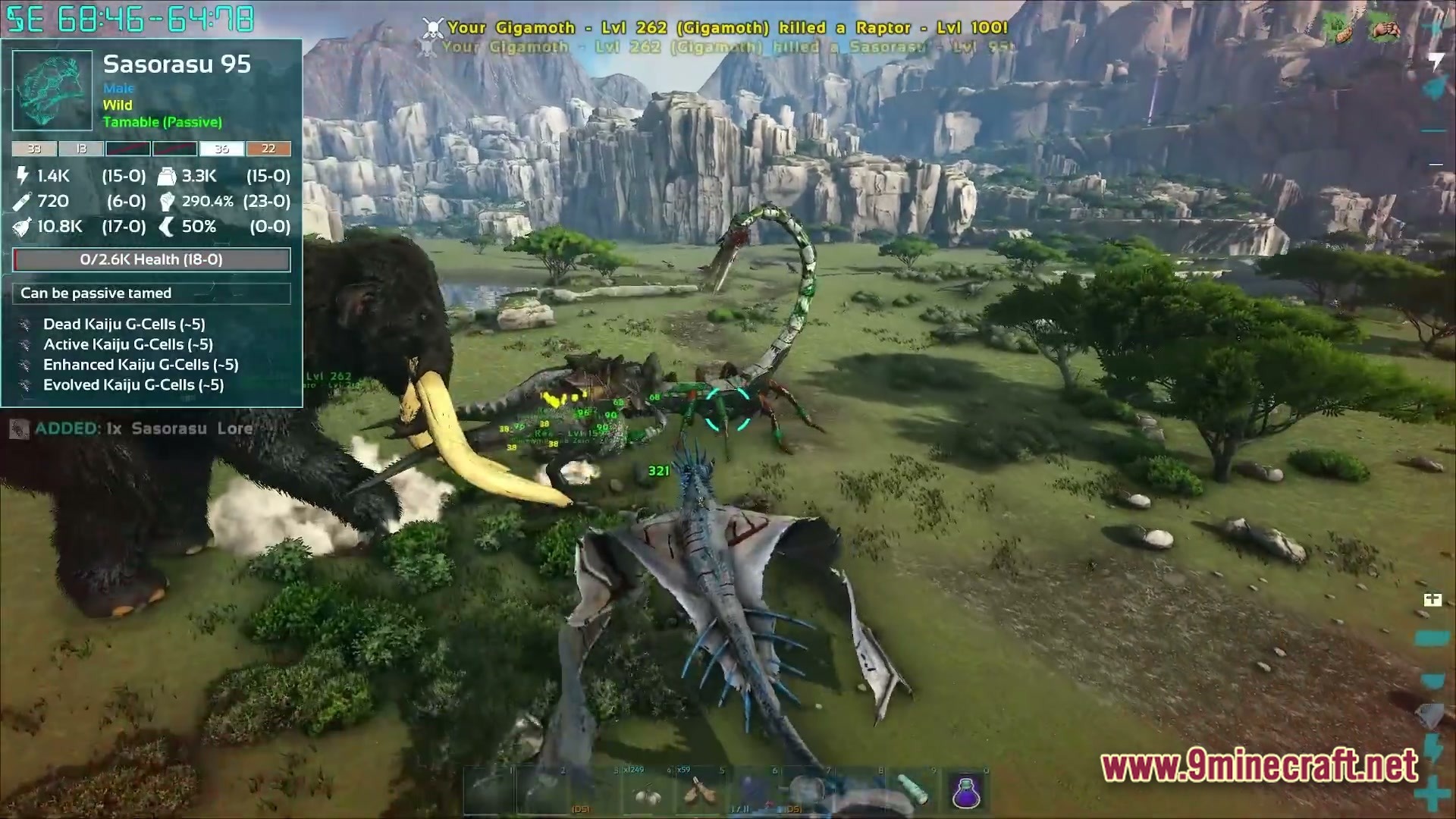 Primal Genesis Rising Modpack Screenshot 4 A player flies a winged creature over a battle between a mammoth and a giant scorpion