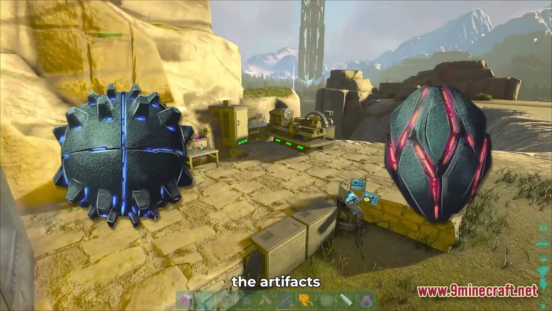 Primal Genesis Rising Modpack Screenshot 5 Two large glowing artifacts sit near industrial machinery on a stone platform in a mountainous landscape