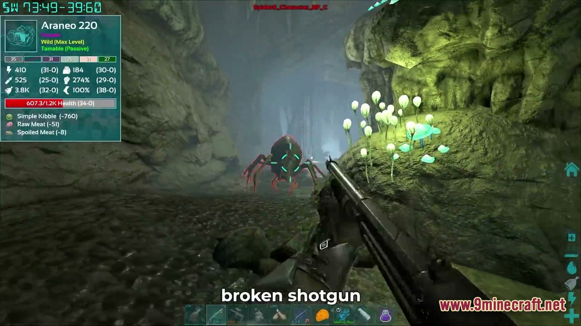 Primal Genesis Rising Modpack Screenshot 6 A player aims a shotgun at a wild Araneo spider inside a glowing cave environment